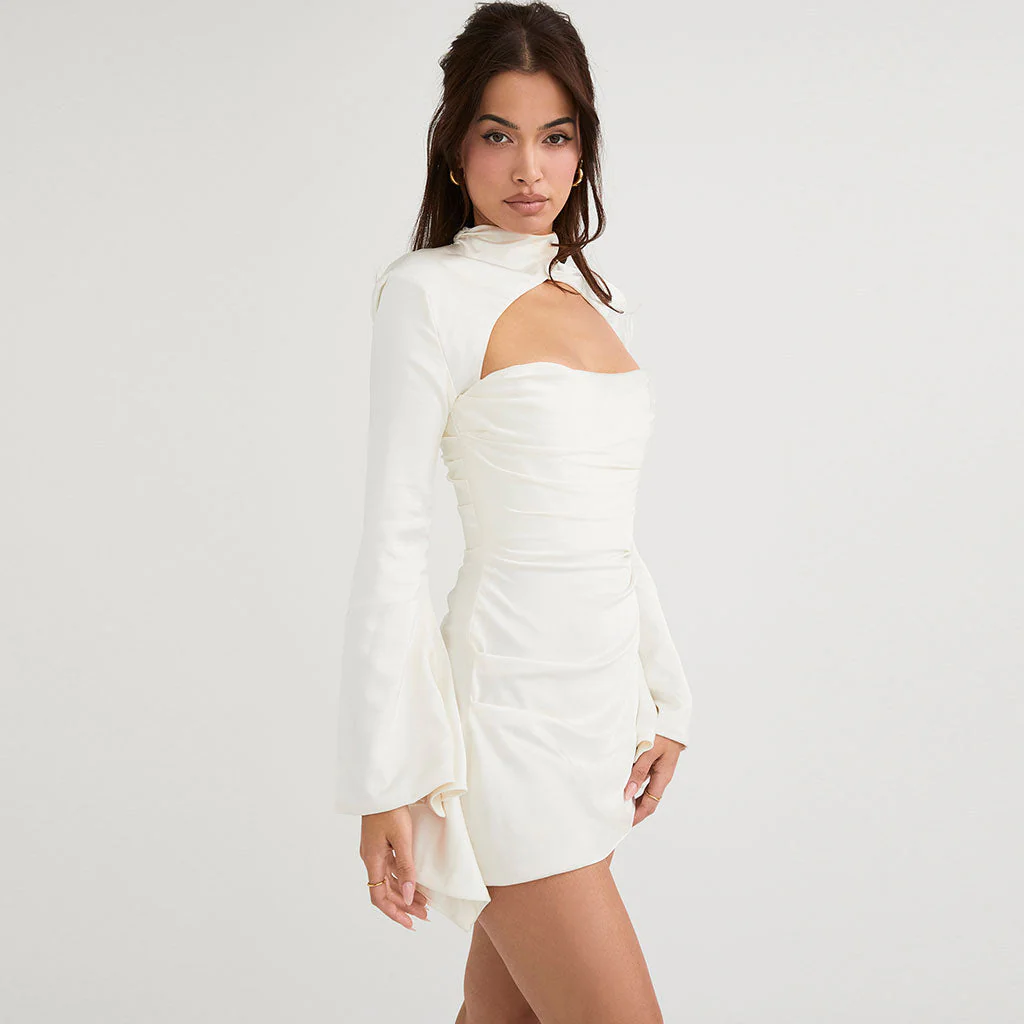 Classy High Neck CutOut Draped Satin Mini Party Dress - White - Image 2