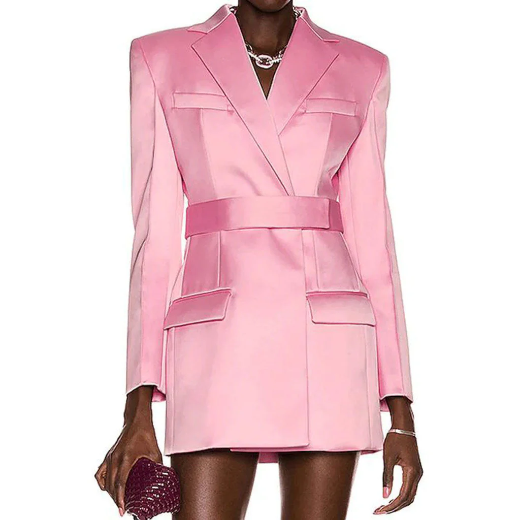 Classy Lapel Neck Long Sleeve Satin Belted Blazer Mini Dress - Pink - Image 2
