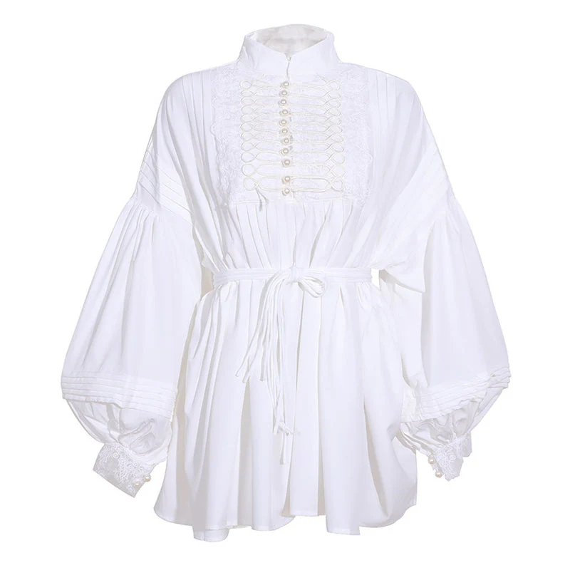 Classy Mandarin Collar Half Button Pleated Bishop Sleeve Belted Oversized Blouse - Image 2