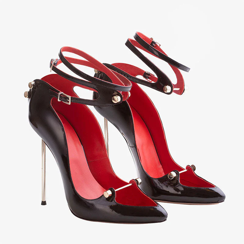 Classy Metal Hardware Pointed Toe Ankle Wrap Stiletto Pumps - Black - Image 5