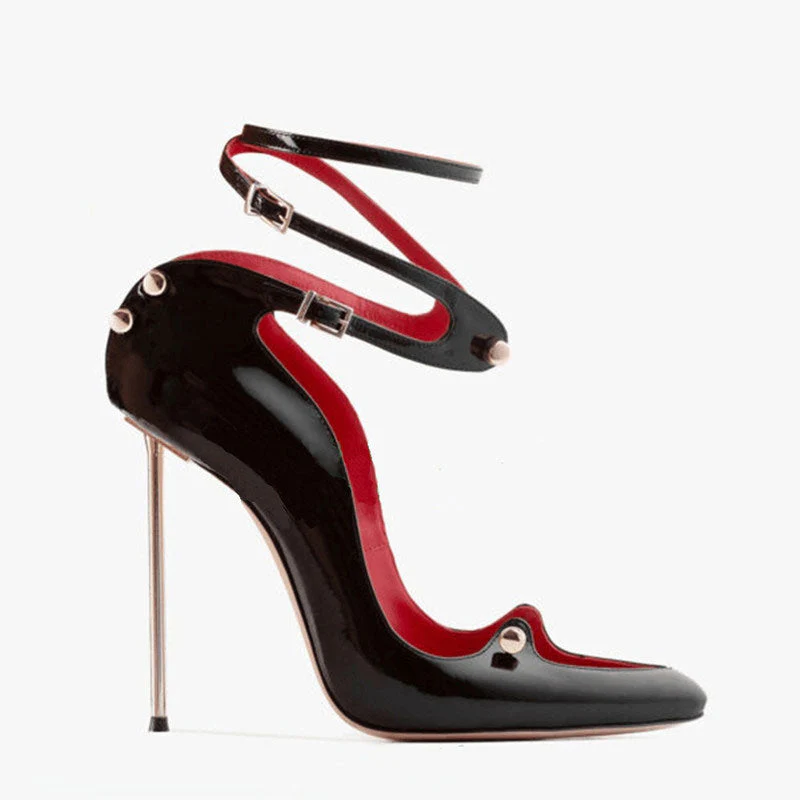 Classy Metal Hardware Pointed Toe Ankle Wrap Stiletto Pumps - Black - Image 6