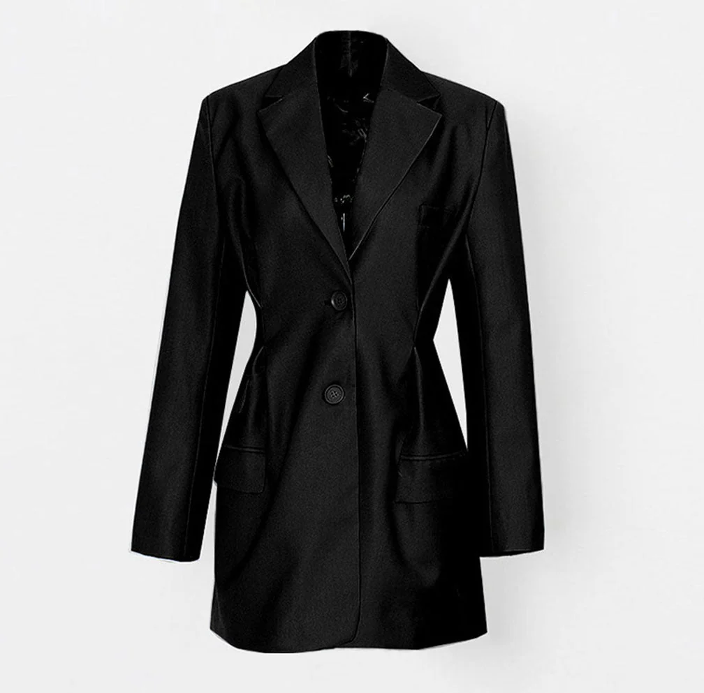 Classy Notched Lapel Single Breasted Multi Flap Pocket Pleated Tailored Long Blazer - Image 2