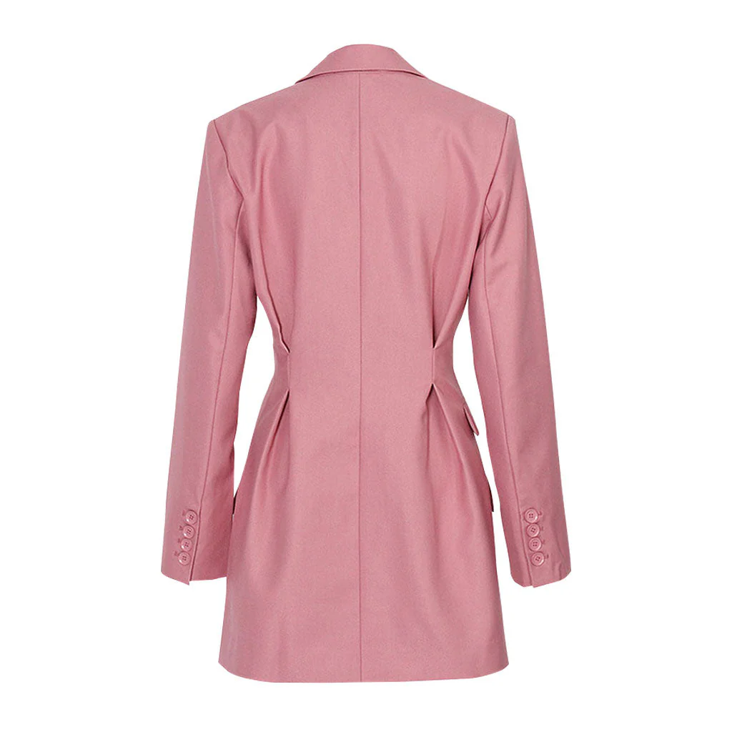 Classy Notched Lapel Single Breasted Multi Flap Pocket Pleated Tailored Long Blazer - Image 3
