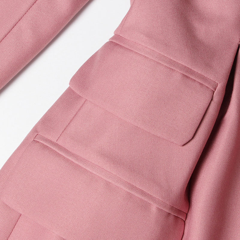 Classy Notched Lapel Single Breasted Multi Flap Pocket Pleated Tailored Long Blazer - Image 5