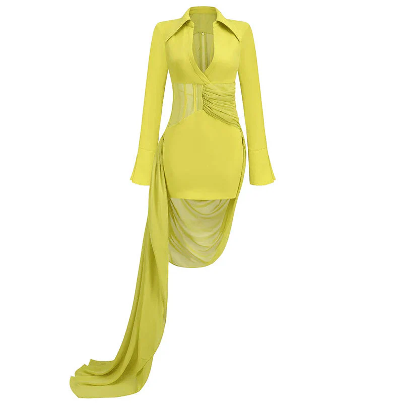 Classy Plunge Spread Collar ELongated Sleeve Draped Sheer Corset Mini Dress - Image 2