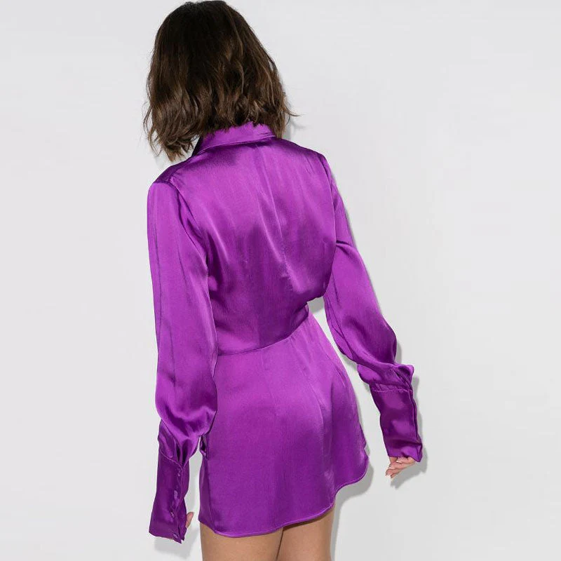 Classy Point Collar Draped Wrap Effect Satin Mini Shirt Dress - Purple - Image 3