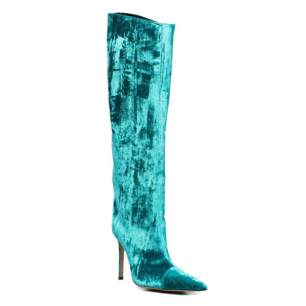 Classy Pointed Toe Knee High Velvet Stiletto Boots - Teal - Image 2
