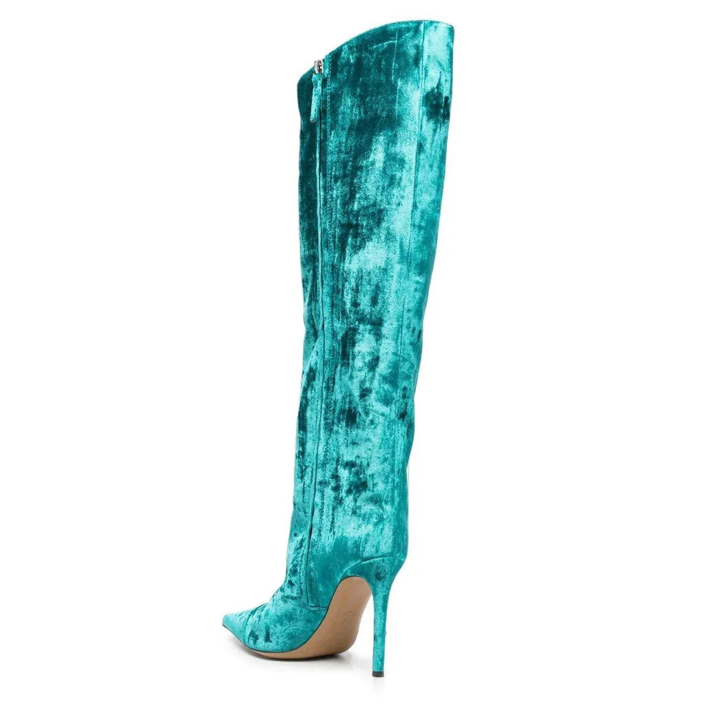 Classy Pointed Toe Knee High Velvet Stiletto Boots - Teal - Image 3