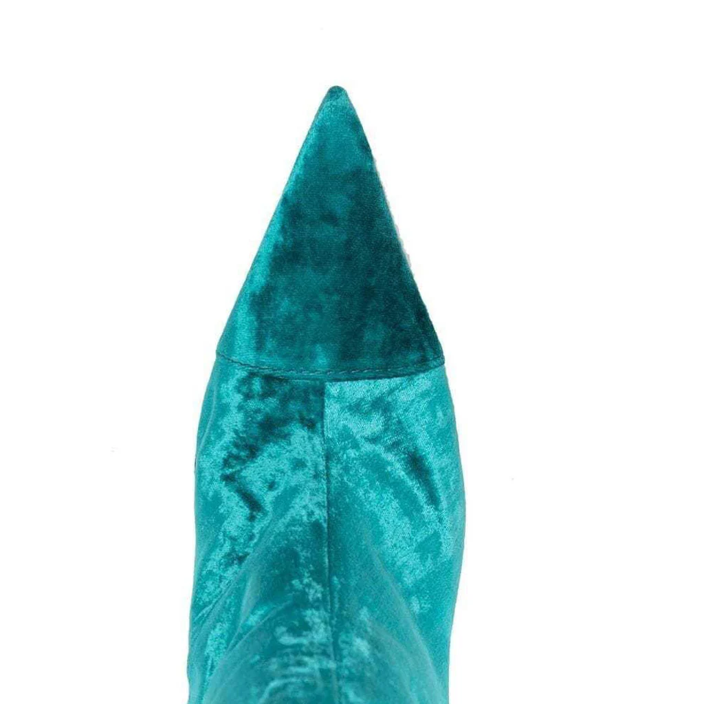 Classy Pointed Toe Knee High Velvet Stiletto Boots - Teal - Image 4