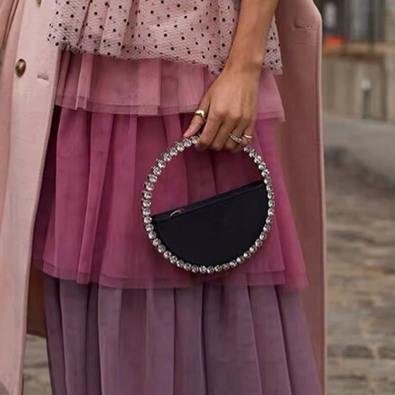 Classy Rhinestone Embellished Circular Satin Clutch Bag - Black - Image 2