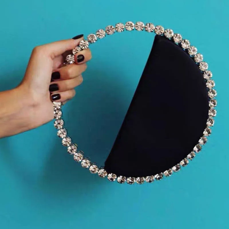 Classy Rhinestone Embellished Circular Satin Clutch Bag - Black - Image 3