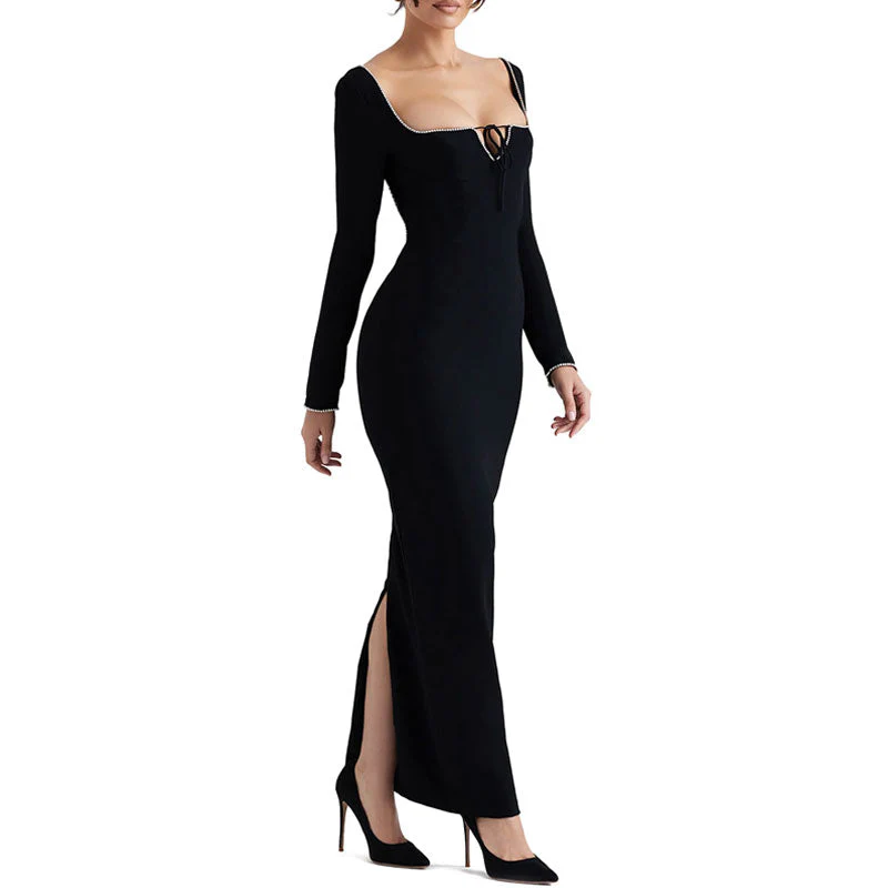 Classy Rhinestone Square Neck Long Sleeve Open Back Maxi Bandage Dress - Black - Image 3