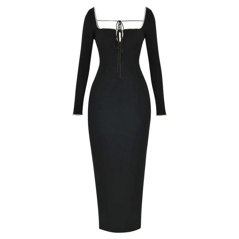Classy Rhinestone Square Neck Long Sleeve Open Back Maxi Bandage Dress - Black - Image 4