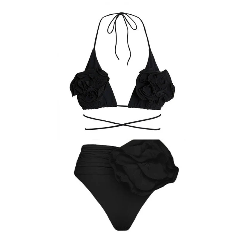 Classy Rosette Applique Ruched Moderate High Waist Wrap Around Triangle Bikini Set - Image 4
