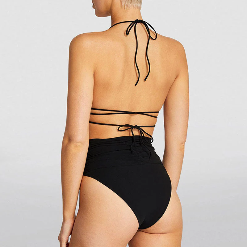 Classy Rosette Applique Ruched Moderate High Waist Wrap Around Triangle Bikini Set - Image 6