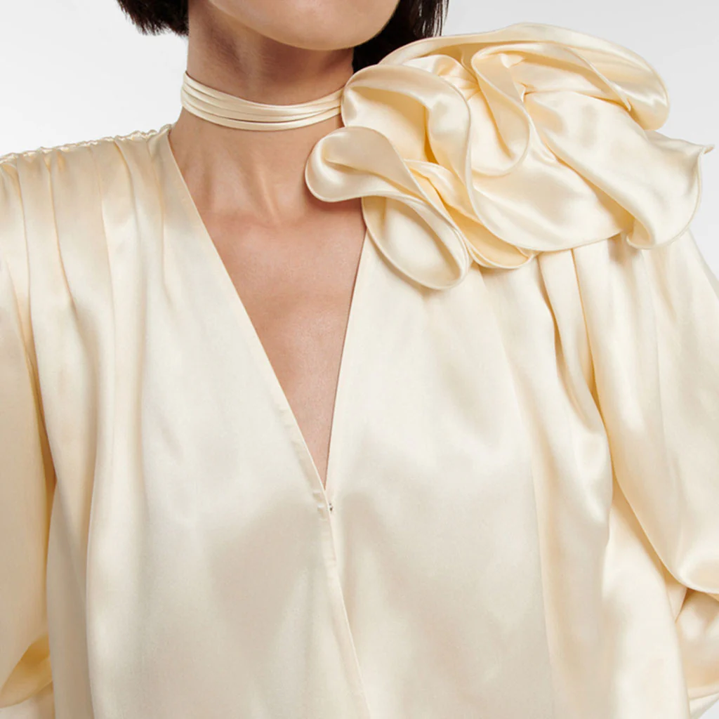 Classy Ruffled Corsage Puff Sleeve V Neck High Low Hem Satin Blouse - Champagne - Image 3