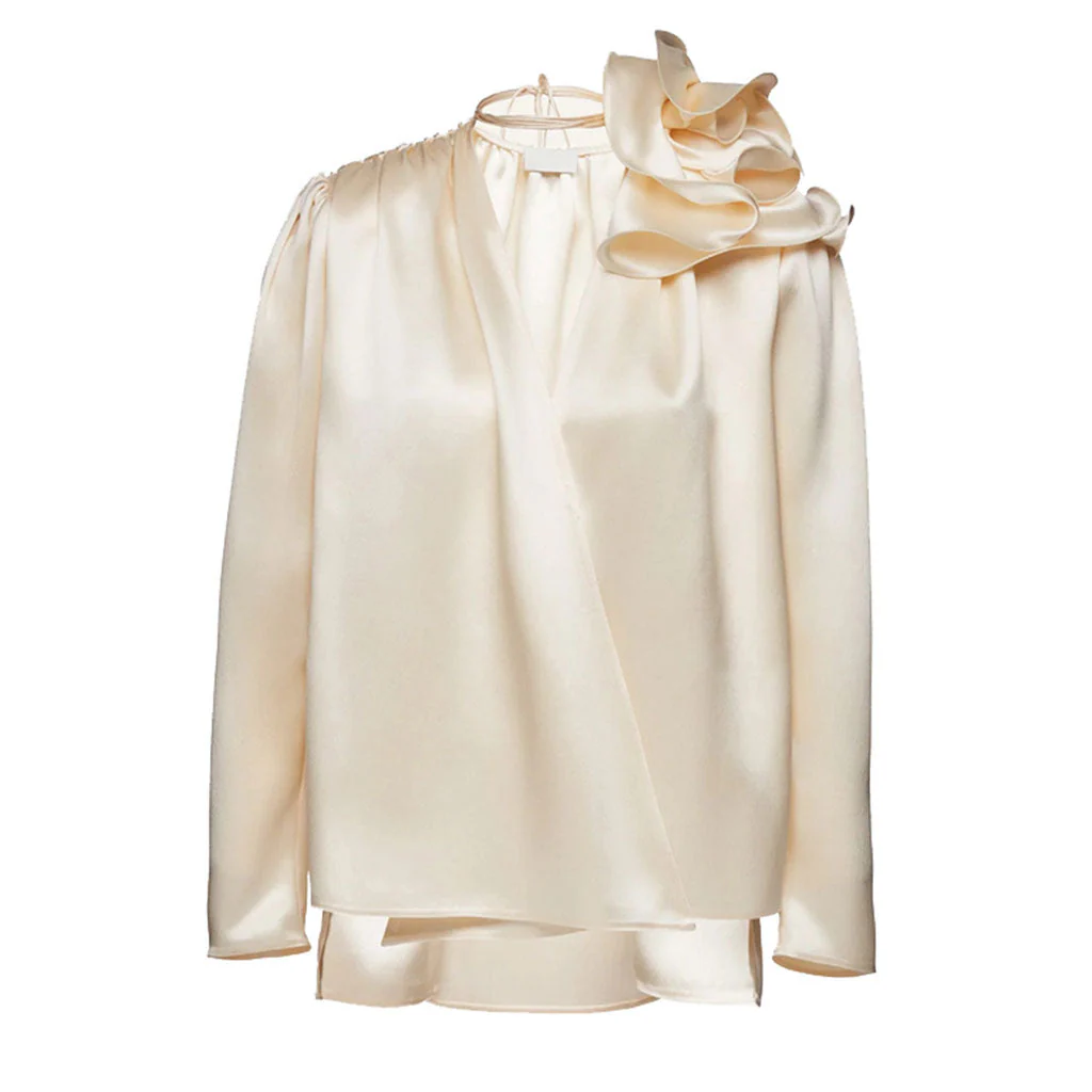 Classy Ruffled Corsage Puff Sleeve V Neck High Low Hem Satin Blouse - Champagne - Image 4
