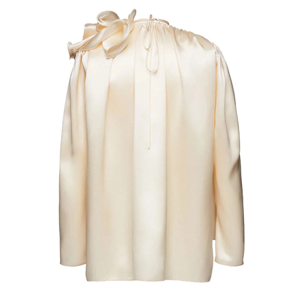 Classy Ruffled Corsage Puff Sleeve V Neck High Low Hem Satin Blouse - Champagne - Image 5
