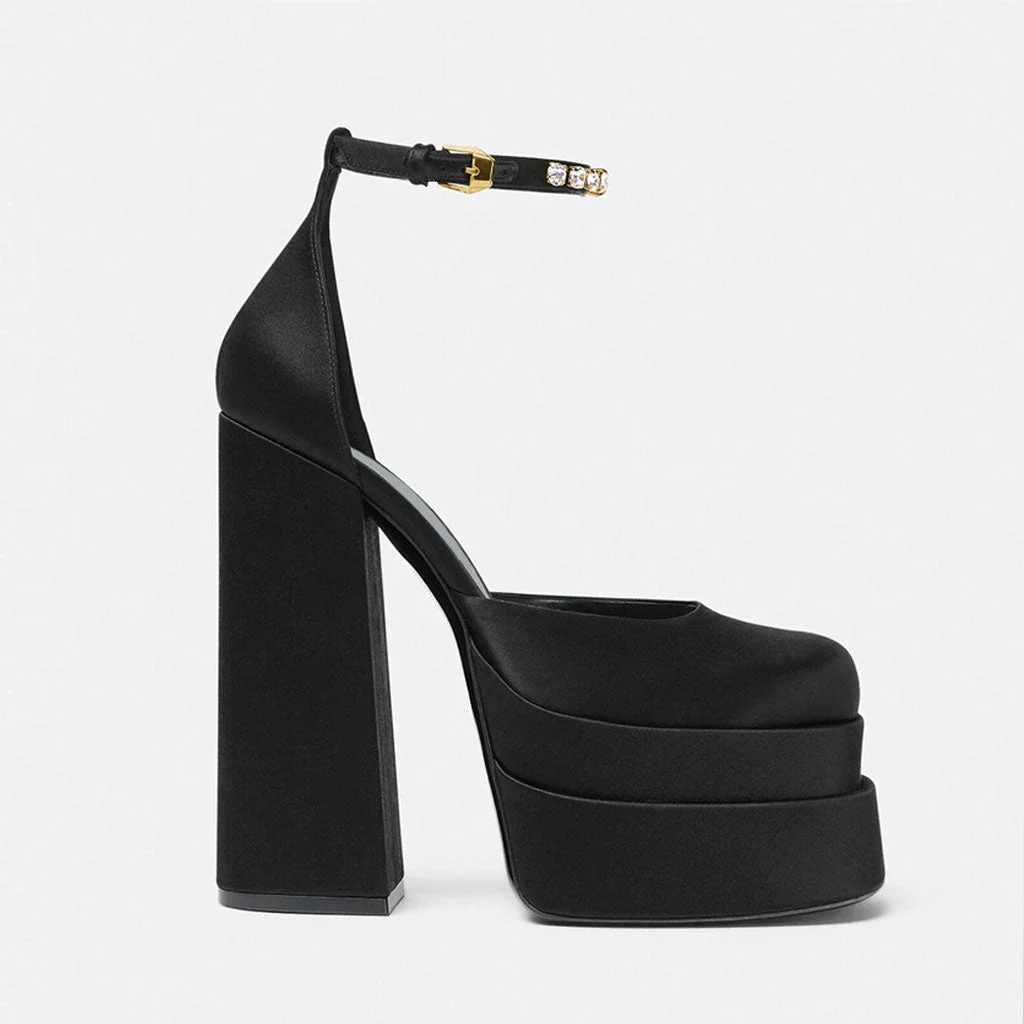 Classy Satin Square Toe Ankle Strap Chunky Heel Platform Sandals - Black - Image 2