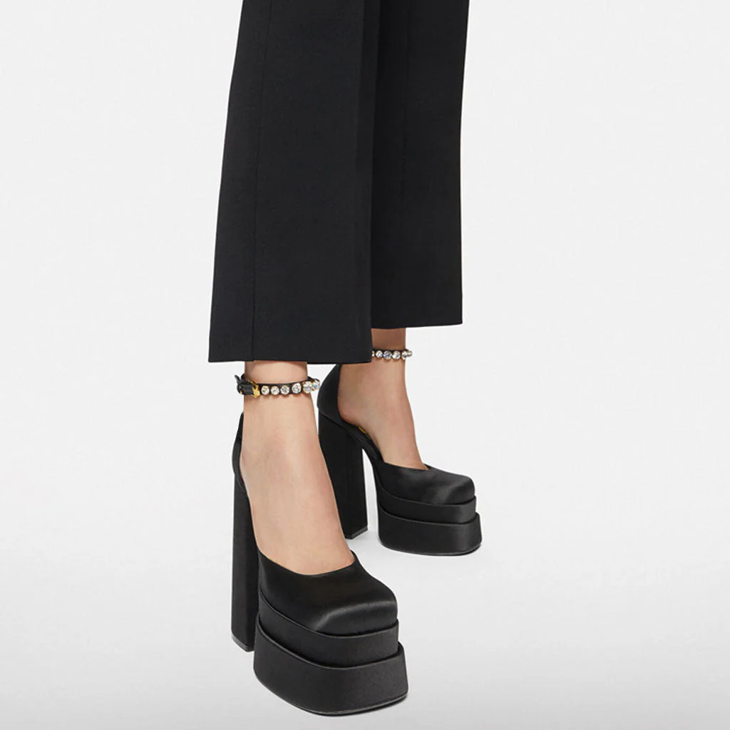 Classy Satin Square Toe Ankle Strap Chunky Heel Platform Sandals - Black - Image 3