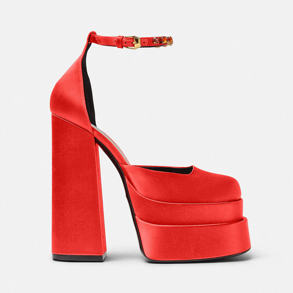 Classy Satin Square Toe Ankle Strap Chunky Heel Platform Sandals - Red - Image 2