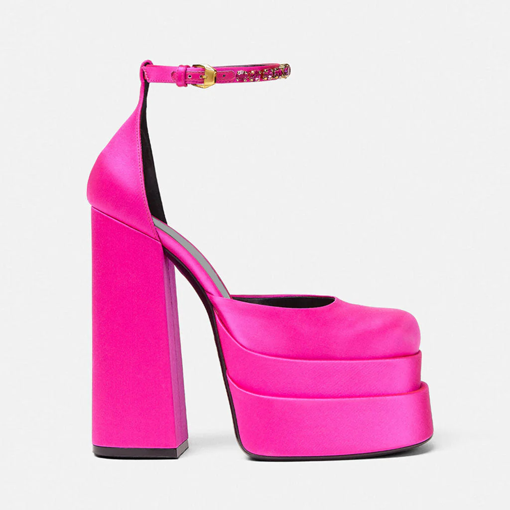 Classy Satin Square Toe Ankle Strap Chunky Heel Platform Sandals - Rose - Image 2
