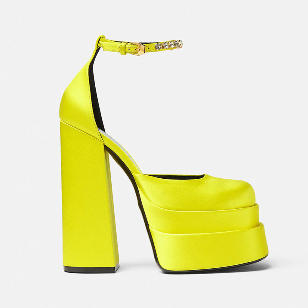 Classy Satin Square Toe Ankle Strap Chunky Heel Platform Sandals - YelLow - Image 2