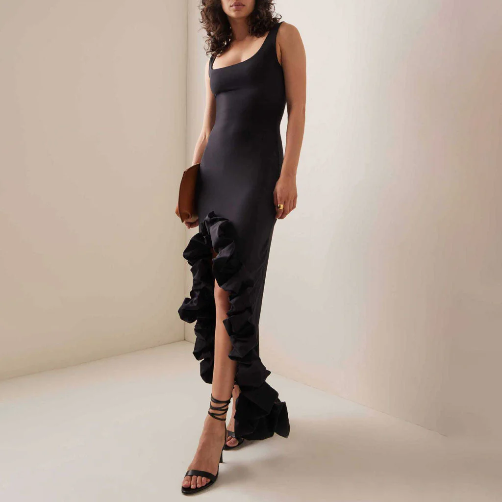 Classy Scoop Neck Sleeveless Ruffled Trim High Low Hem Evening Dress - Image 3