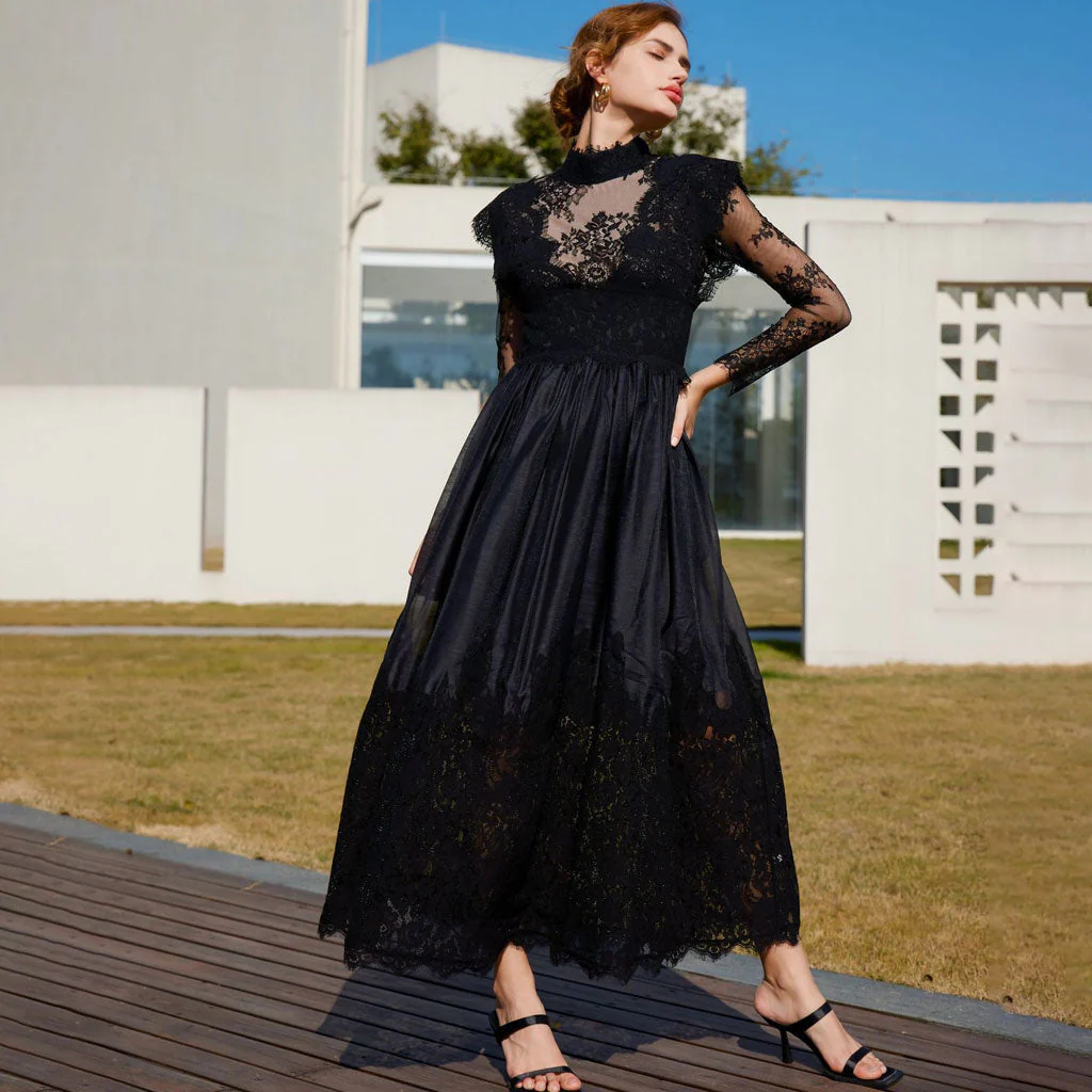 Classy Sheer Floral Lace Mock Neck Long Sleeve A Line Gown Maxi Dress - Image 2