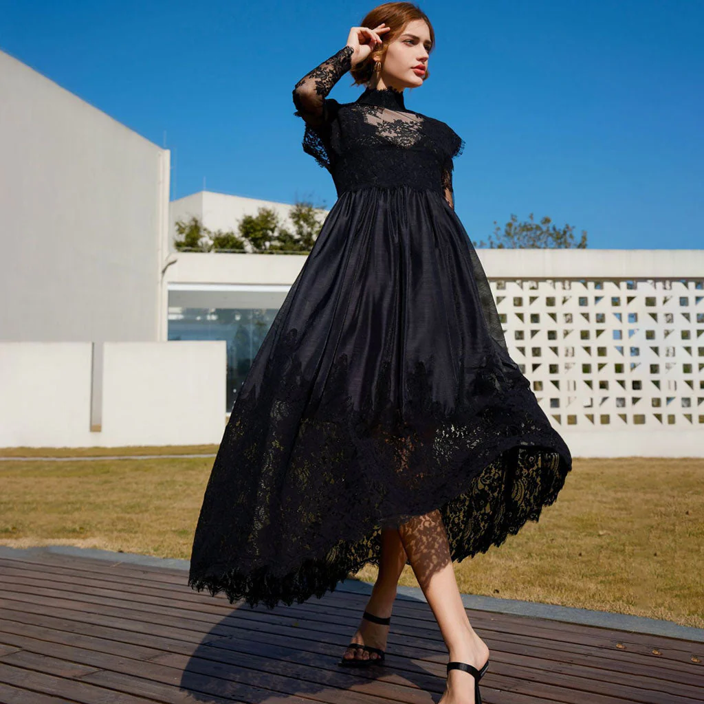 Classy Sheer Floral Lace Mock Neck Long Sleeve A Line Gown Maxi Dress - Image 3