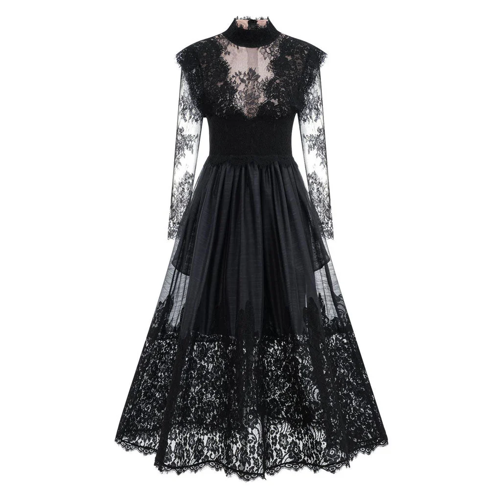 Classy Sheer Floral Lace Mock Neck Long Sleeve A Line Gown Maxi Dress - Image 5