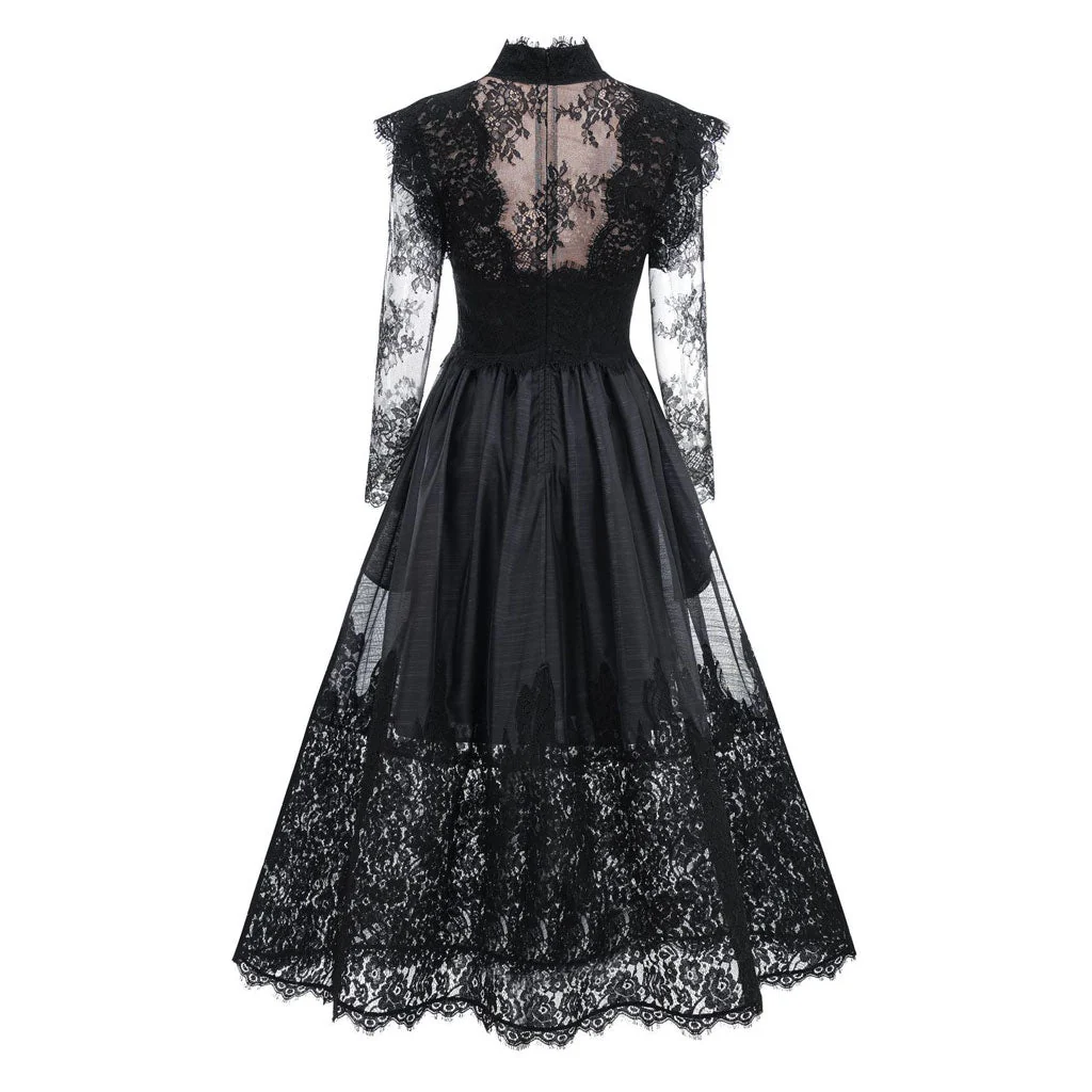 Classy Sheer Floral Lace Mock Neck Long Sleeve A Line Gown Maxi Dress - Image 6
