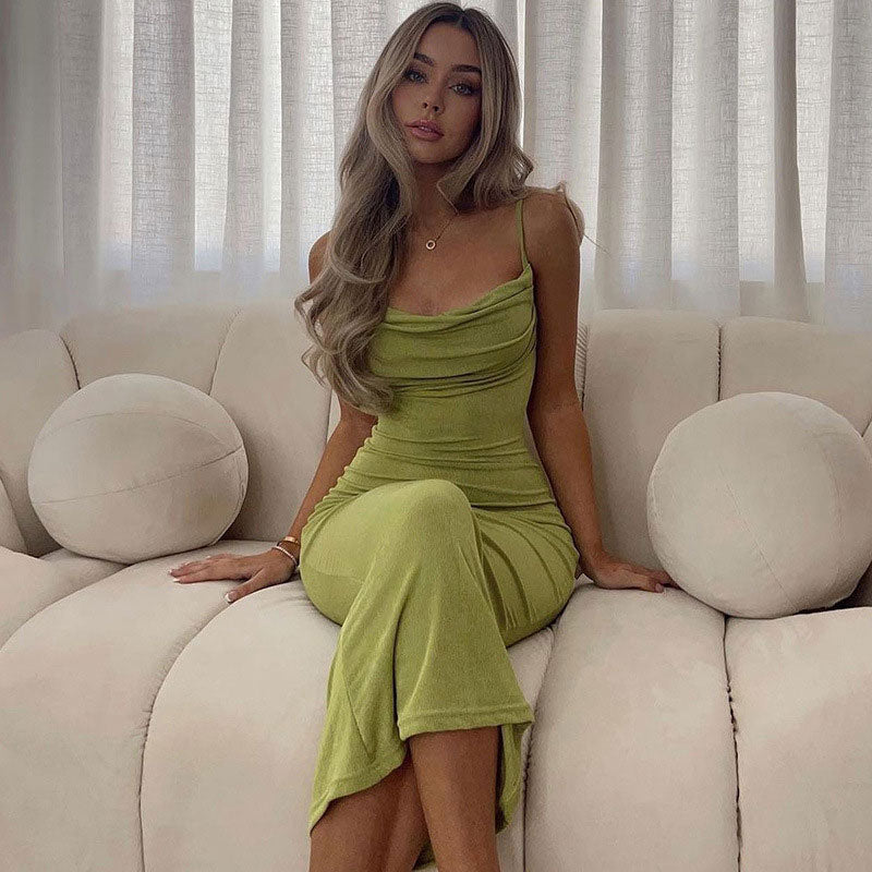 Classy Solid Color Fishtail Cowl Neck Low Back Slip Maxi Dress - Green - Image 2
