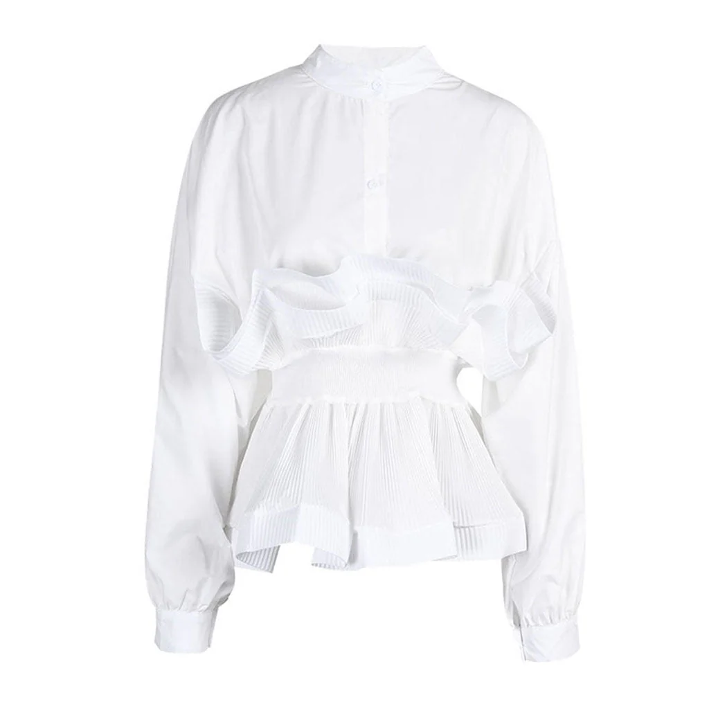 Classy Stand Collar Long Sleeve Button Down Ruffled Peplum Blouse - Image 2