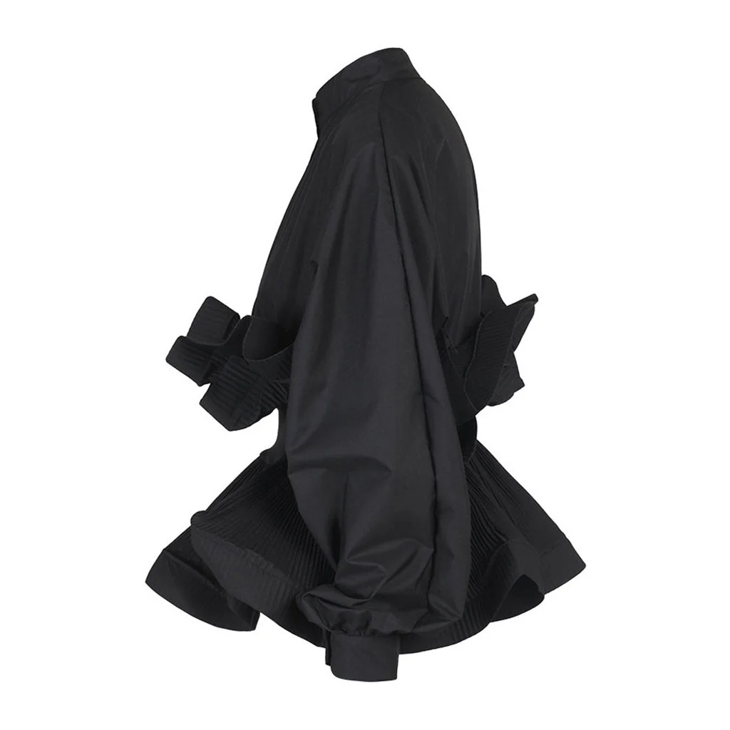 Classy Stand Collar Long Sleeve Button Down Ruffled Peplum Blouse - Image 5