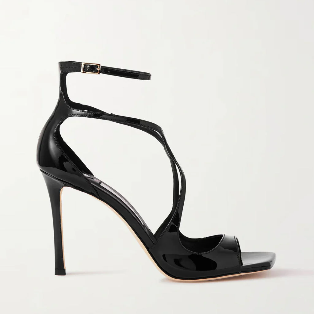 Classy Strappy Square Toe Ankle Strap Stiletto Patent Leather Sandals - Black - Image 3