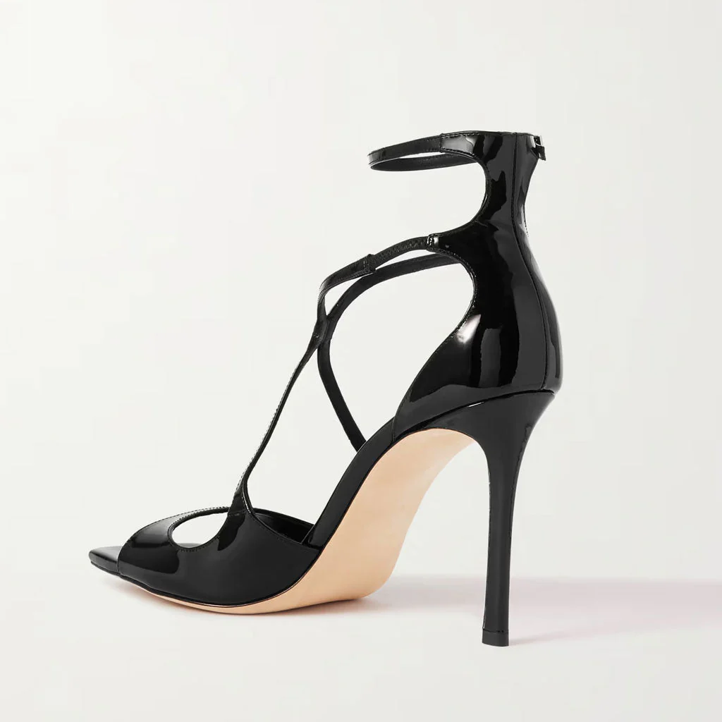 Classy Strappy Square Toe Ankle Strap Stiletto Patent Leather Sandals - Black - Image 4