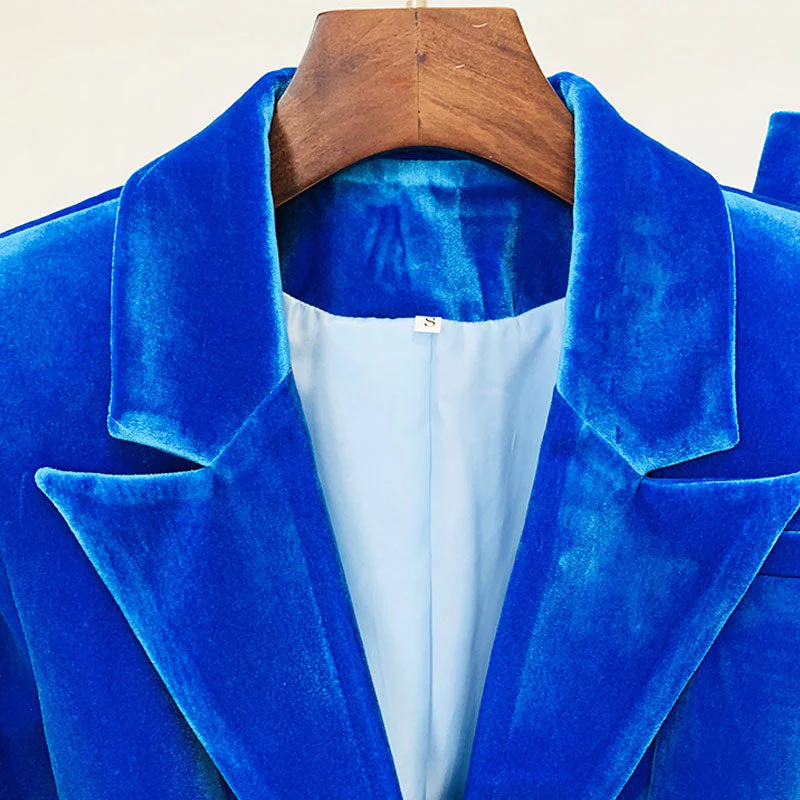 Classy Velvet Single Breasted Tailored Blazer Flare Pant Matching Set - Blue - Image 2