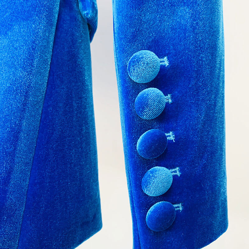 Classy Velvet Single Breasted Tailored Blazer Flare Pant Matching Set - Blue - Image 3
