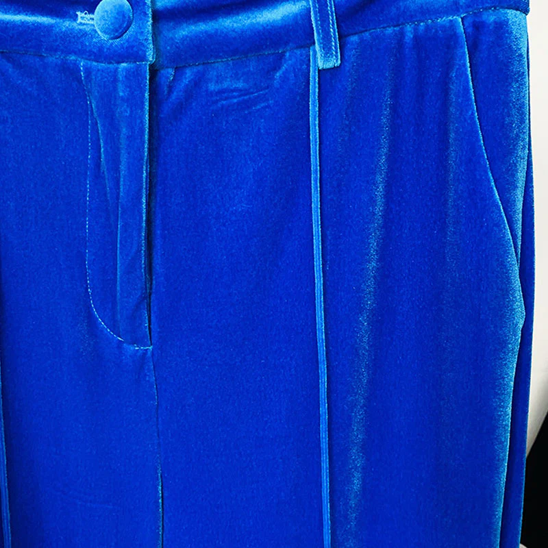 Classy Velvet Single Breasted Tailored Blazer Flare Pant Matching Set - Blue - Image 4