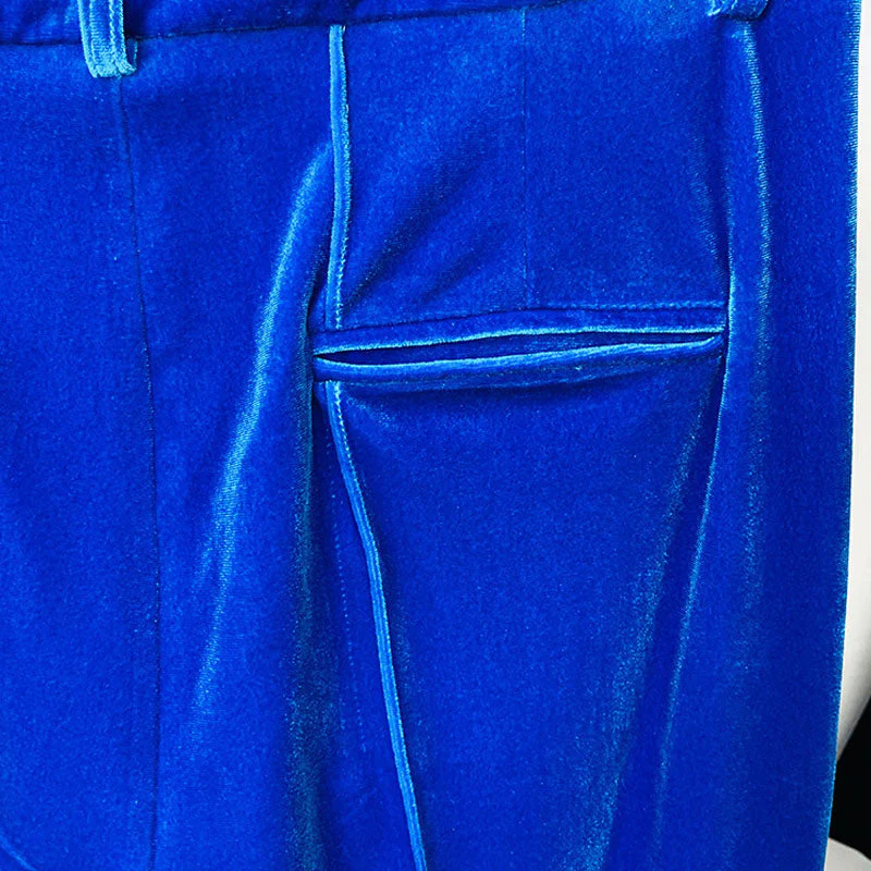 Classy Velvet Single Breasted Tailored Blazer Flare Pant Matching Set - Blue - Image 5