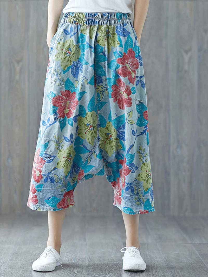 Close Your Eyes Ethnic Style Ripped  Printed Yesterday's Crope Denim Pant - Image 4