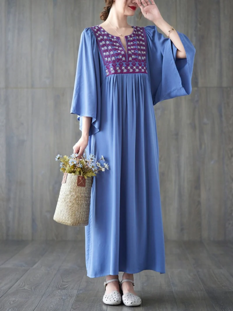 Close Your Eyes Embroidery Pocket A-Line Dress - Image 2