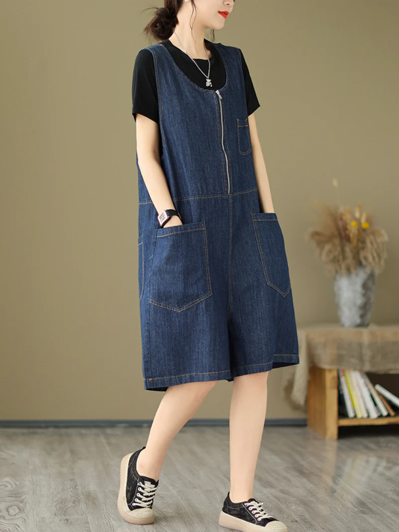Closse Your Eyes Denim Natural Waist Short Dungarees - Image 4