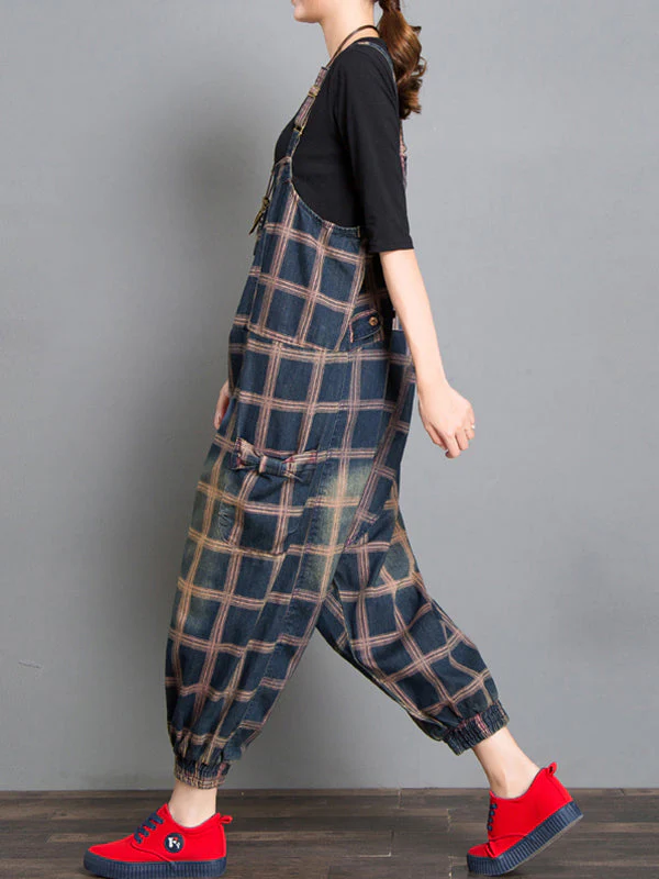 Colleen Denim Harem Overall Dungarees with Plaids Prints - Image 4
