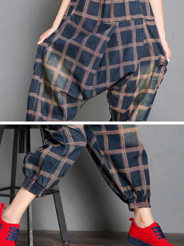 Colleen Denim Harem Overall Dungarees with Plaids Prints - Image 6