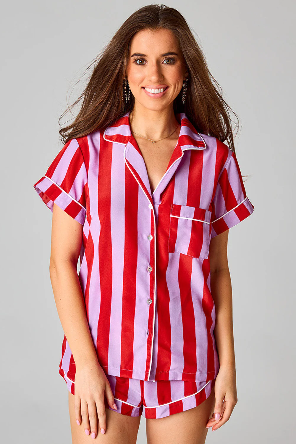 Color Block Striped Short Sleeve Pajamas Set - Image 4