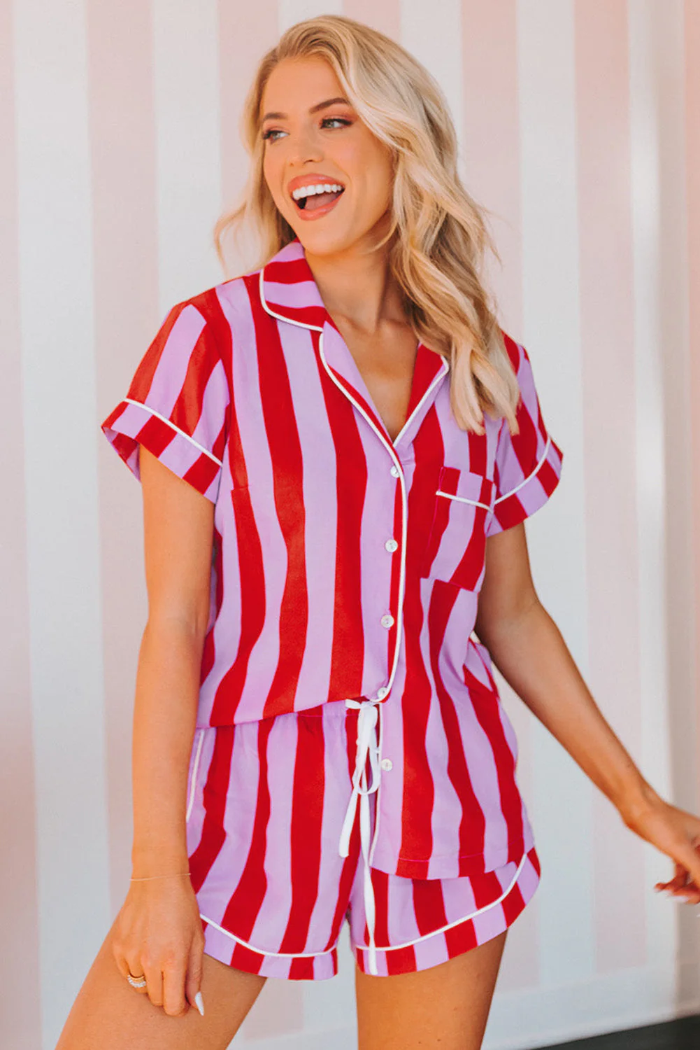 Color Block Striped Short Sleeve Pajamas Set - Image 6