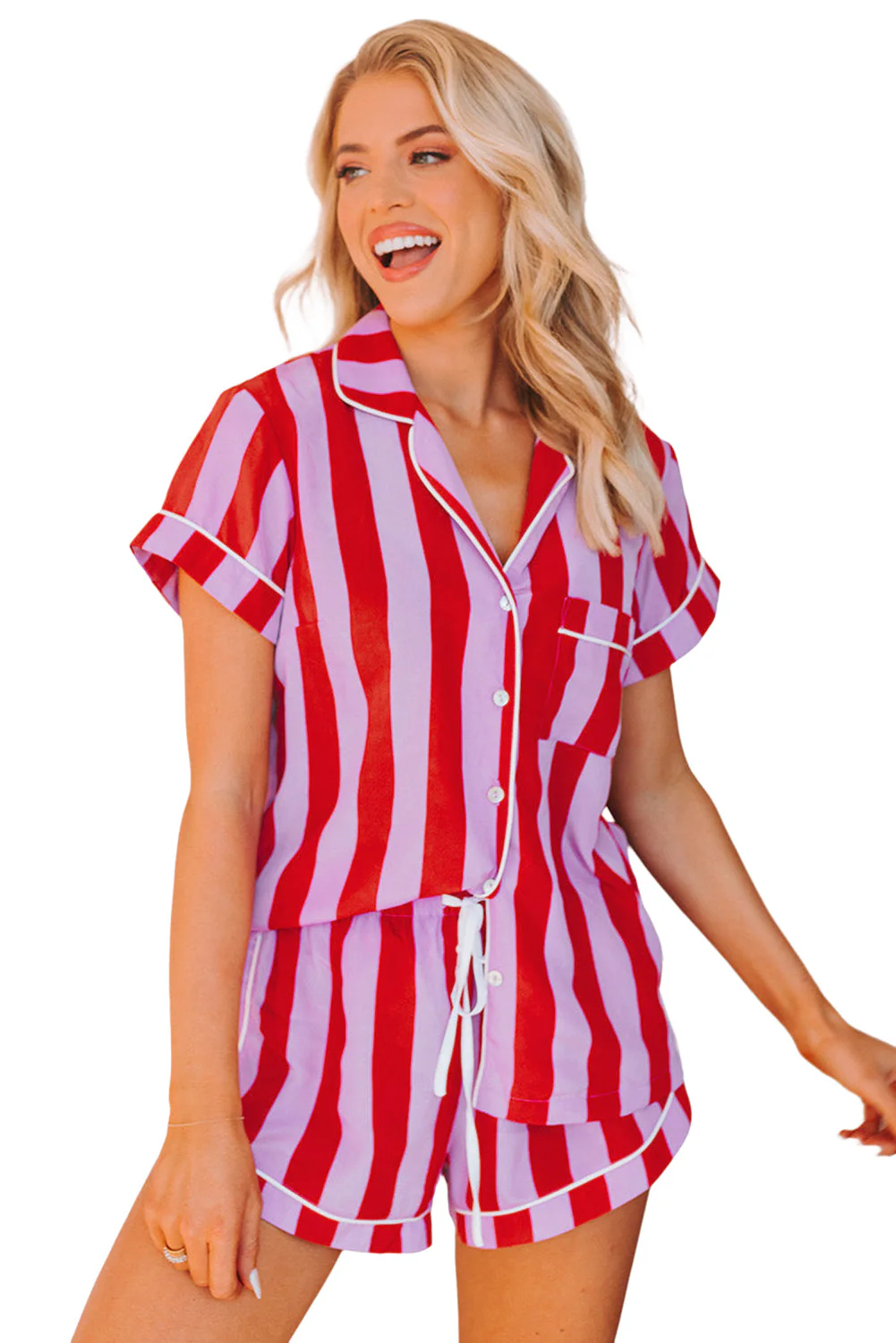 Color Block Striped Short Sleeve Pajamas Set - Image 7