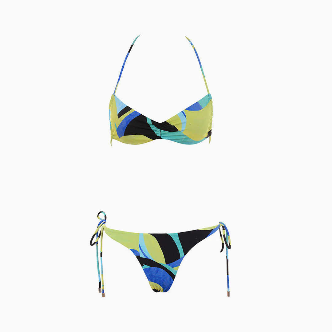 Flirty Color Block Tie String Halter Neck Bralette Bikini Set - Teal - Image 3